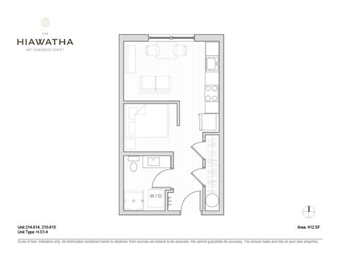 Floor plan for studio, 1 bath, 412 sqft